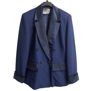 Ben Marc International Navy Beaded Blazer 16 Satin Trim Double Breasted Jacket